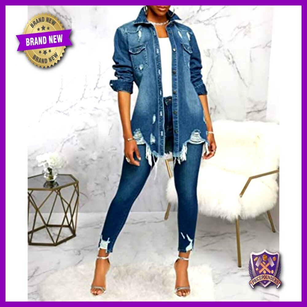 Distressed Denim Jacket Oversized Ripped Y2K Chic Button Down Long Sleeve - Picture 5 of 6